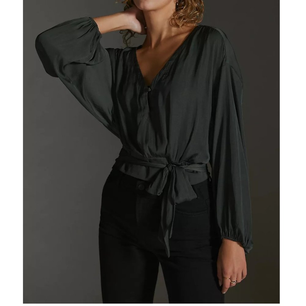 By Anthropologie Tie-Waist Blouse Moss Green - Small